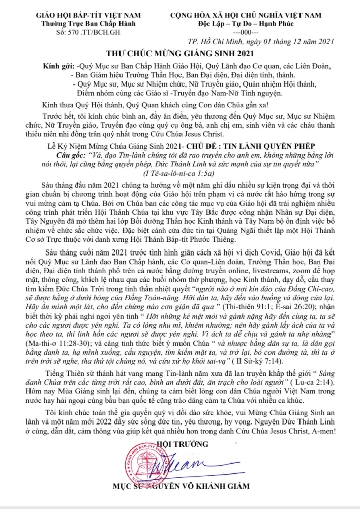 THƯ CHÚC MỪNG GIÁNG SINH  NĂM 2021